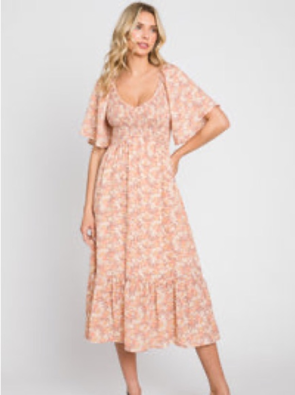 Hem & Thread Peach Floral Smocked Waist Dress
